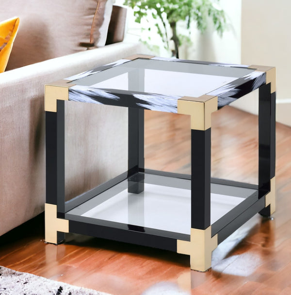 25 Black and Gold And Clear Glass Square End Table With Shelf With Magazine Holder