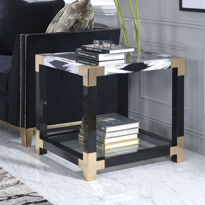 25" Black and Gold And Clear Glass Square End Table With Shelf With Magazine Holder