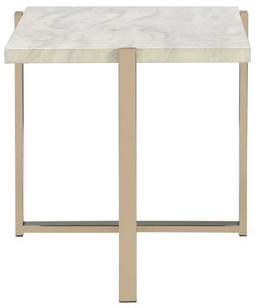 24" Brass And White Faux Marble Square End Table