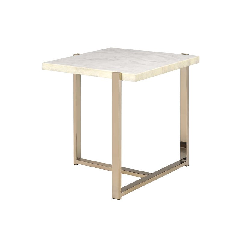 24" Brass And White Faux Marble Square End Table