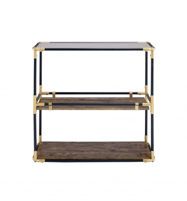 33 Black and Gold And Clear Glass End Table With Two Shelves With Magazine Holder