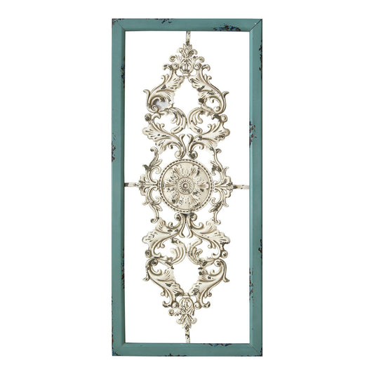 Distressed White And Turquoise Framed Scroll Metal Panel