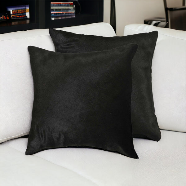 Set of Two 18 Black Cowhide Throw Pillow