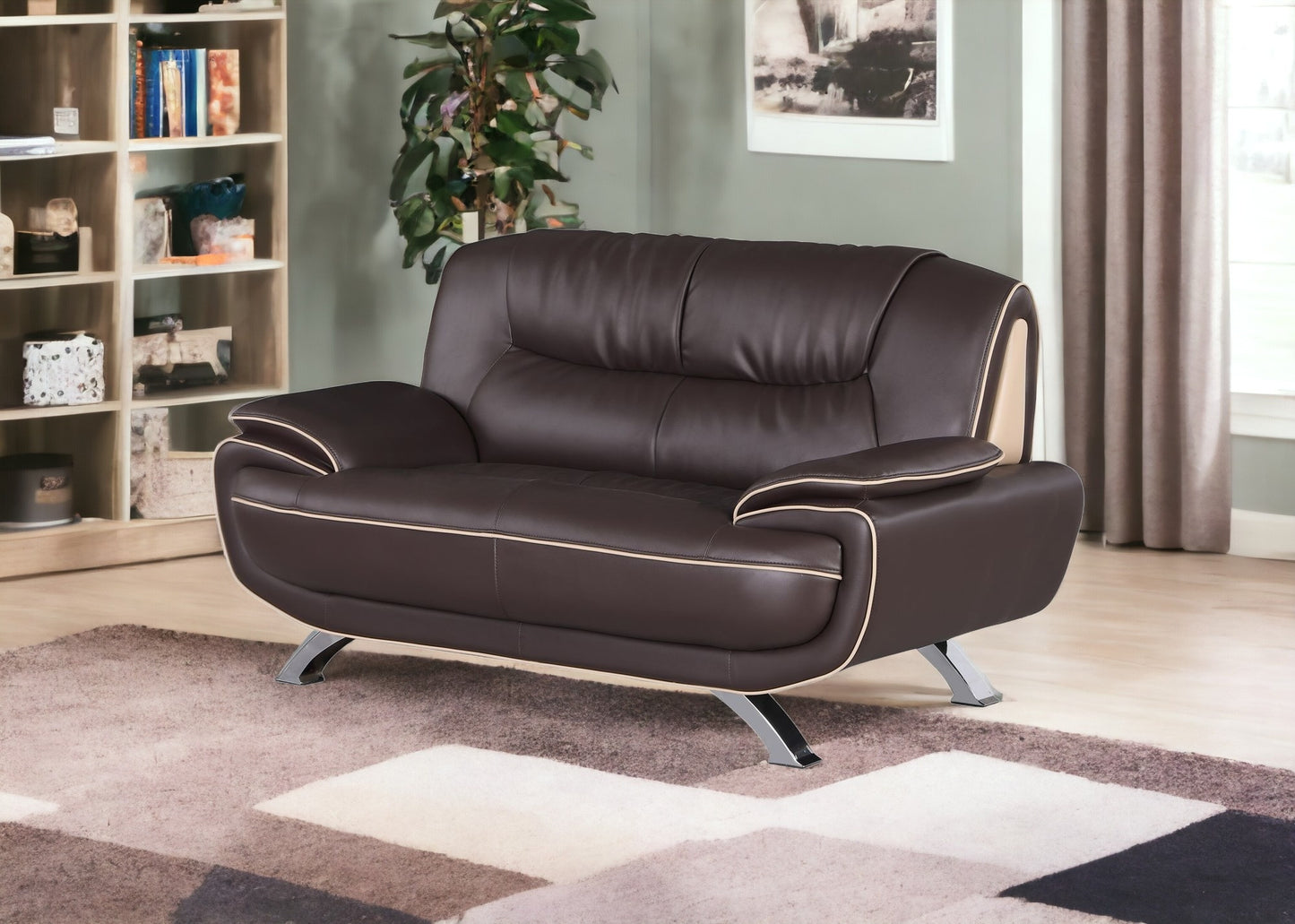 64" Brown And Silver Faux Leather Love Seat