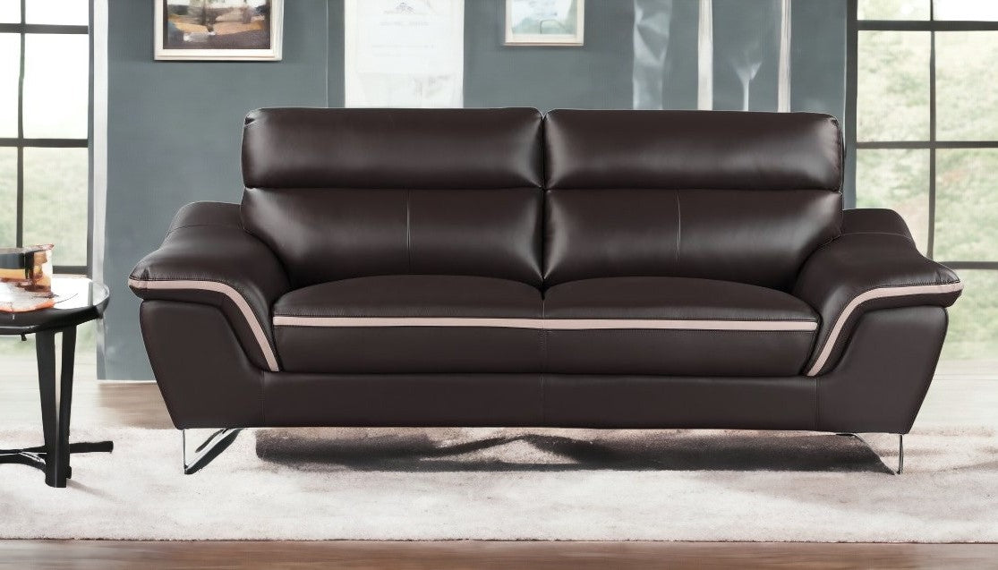 86" Brown Leather Sofa With Silver Legs