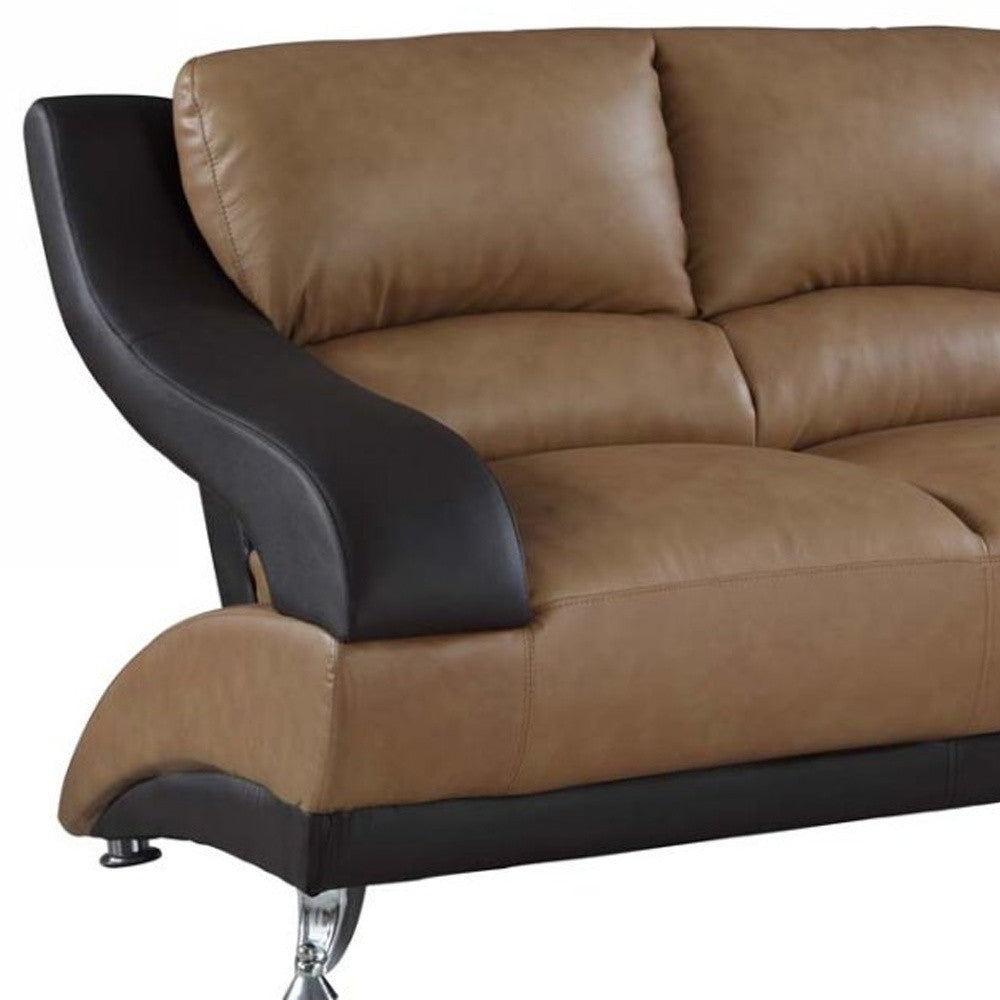 62" Brown And Silver Faux Leather Love Seat