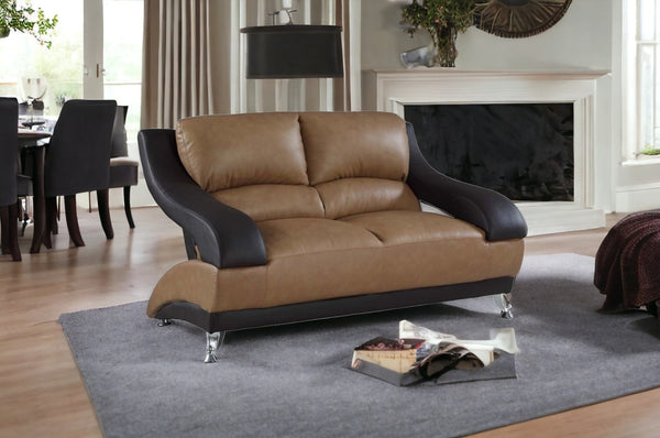 62 Brown And Silver Faux Leather Love Seat