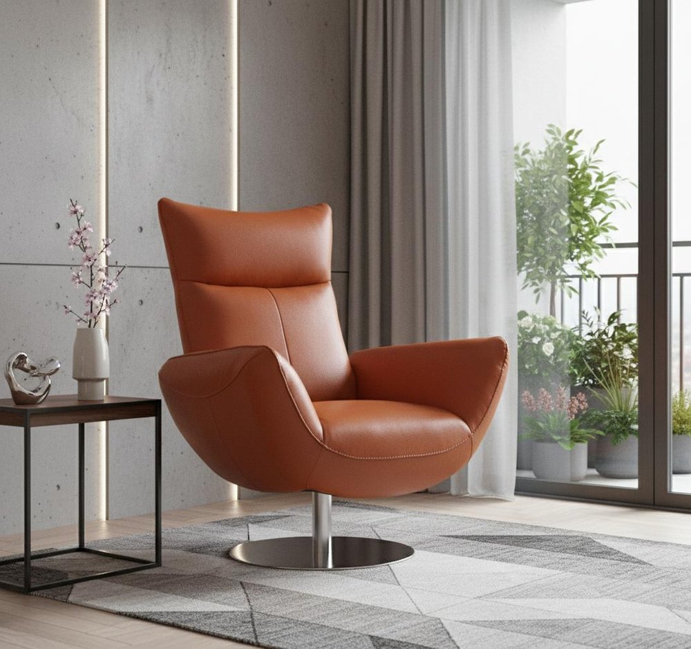 Orange And Silver Genuine Leather Lounge Chair