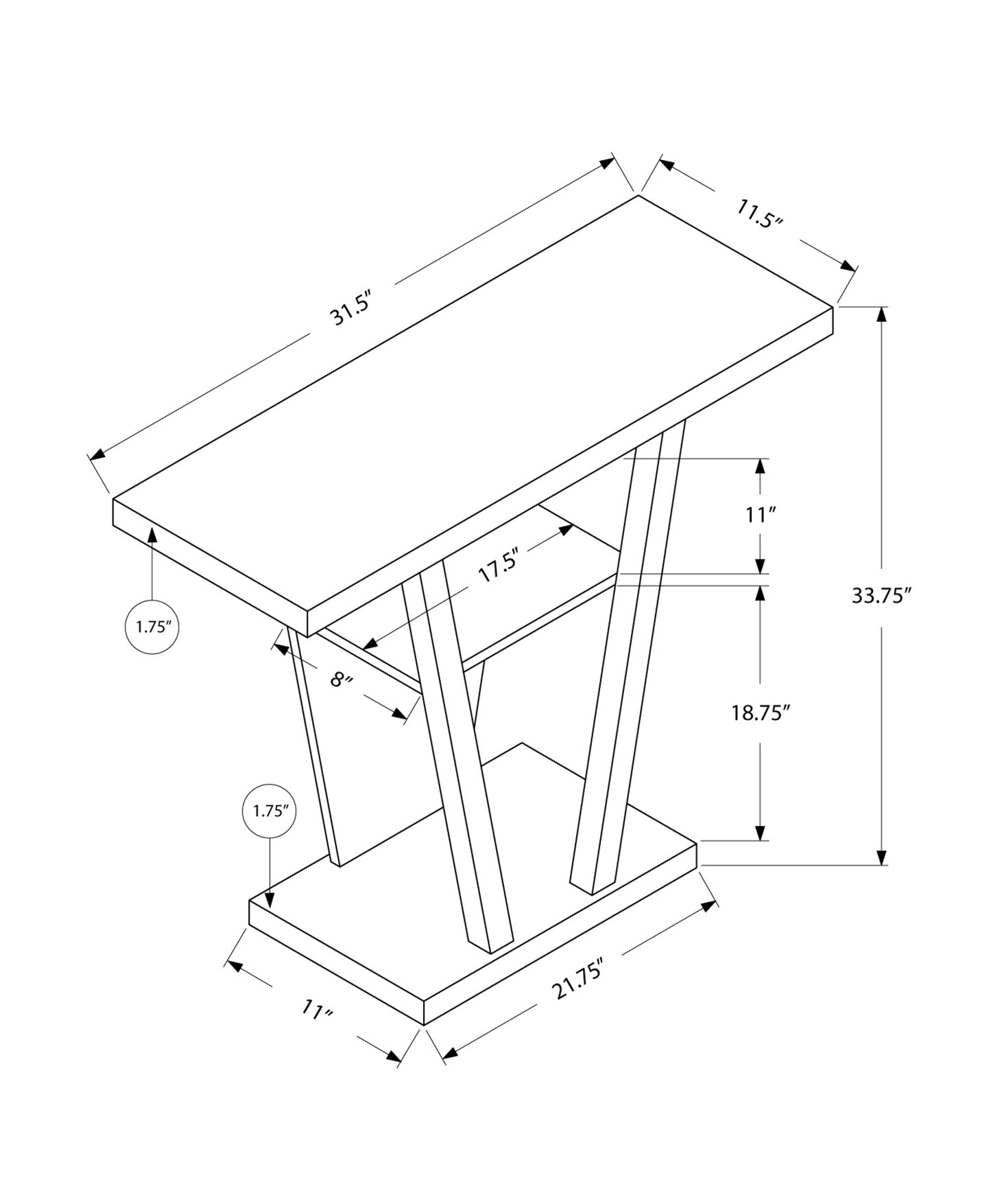 34" White End Table With Two Shelves