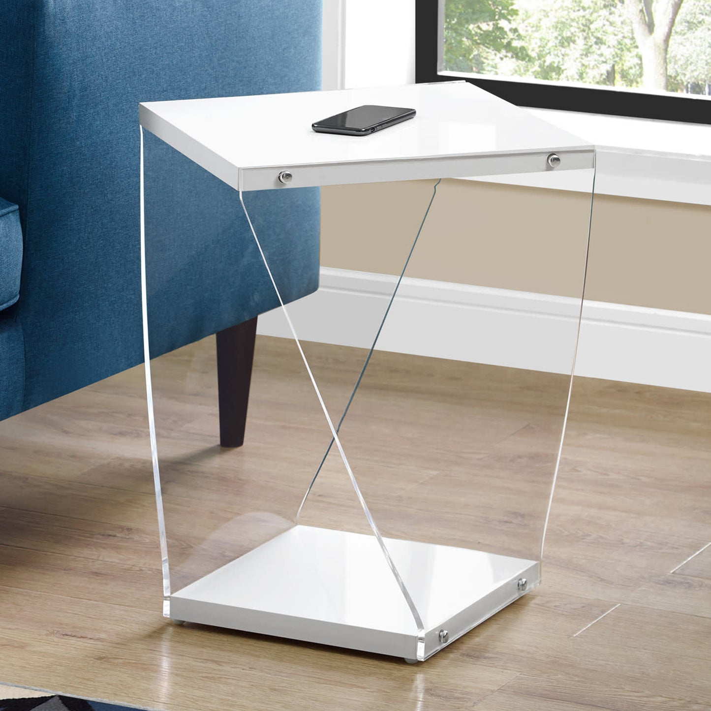 21" Clear And White Square End Table With Shelf