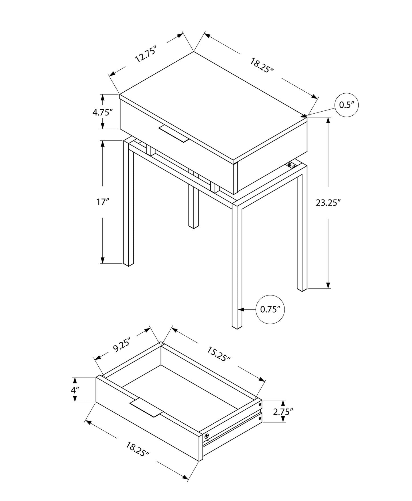 23" Silver And Deep Taupe End Table With Drawer