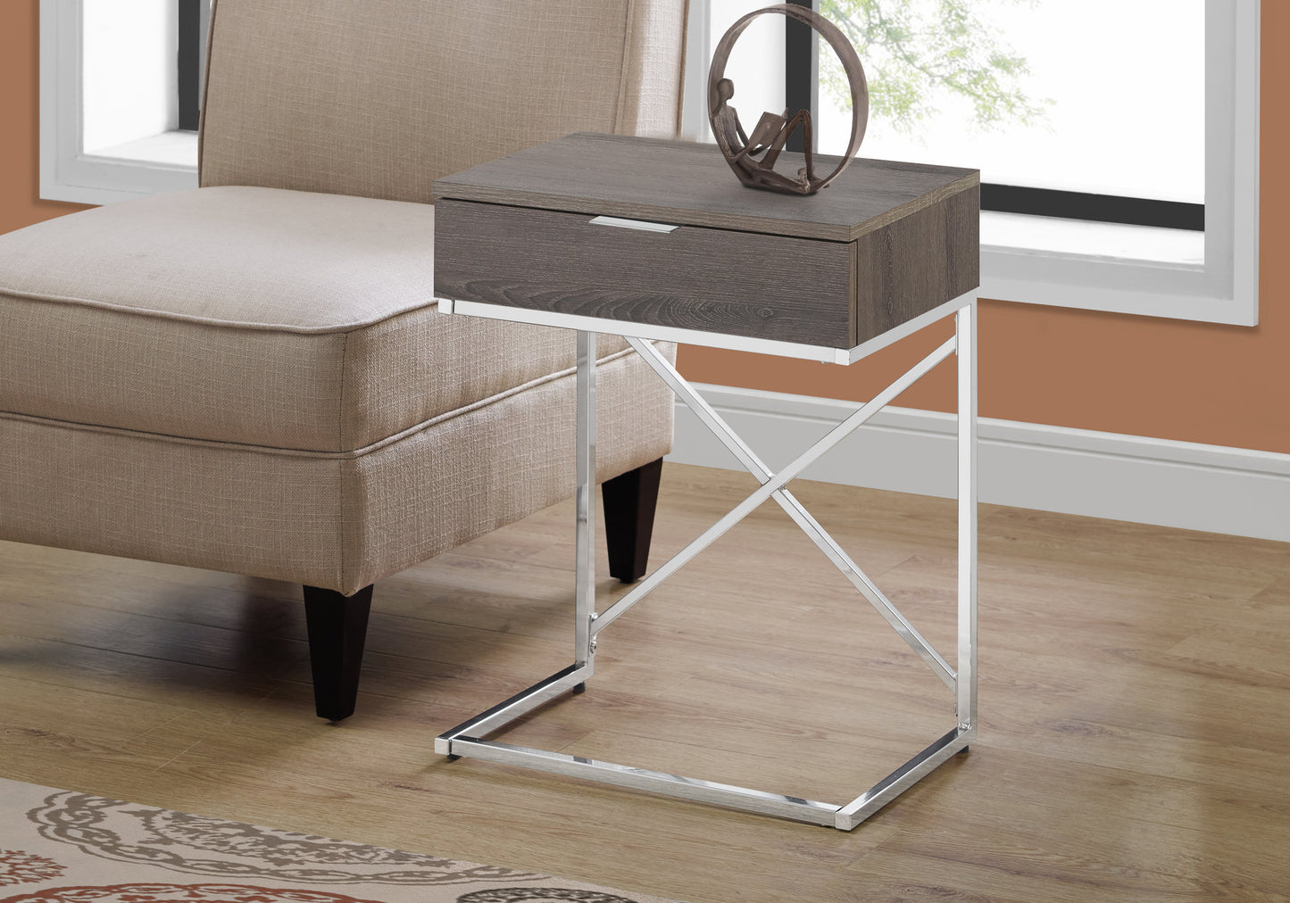 24" Silver And Taupe End Table With Drawer