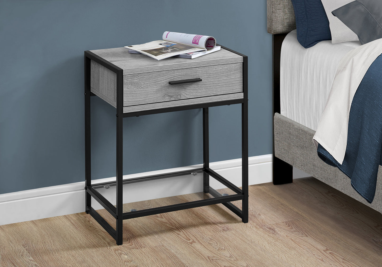 22" Black And Gray Glass End Table With Drawer And Shelf