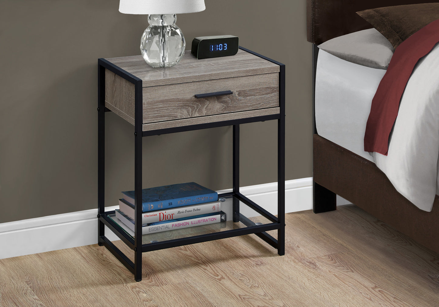 22" Black And Gray Glass End Table With Drawer And Shelf