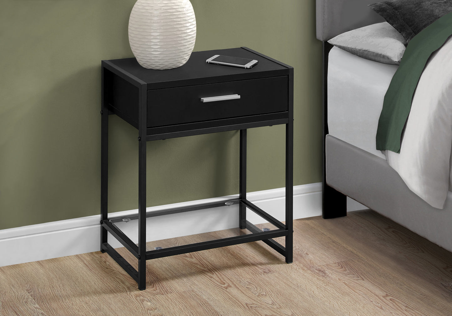 22" Black And Gray Glass End Table With Drawer And Shelf