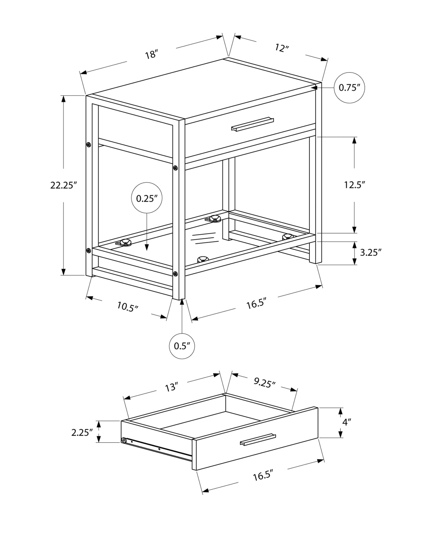 22" Black And Gray Glass End Table With Drawer And Shelf