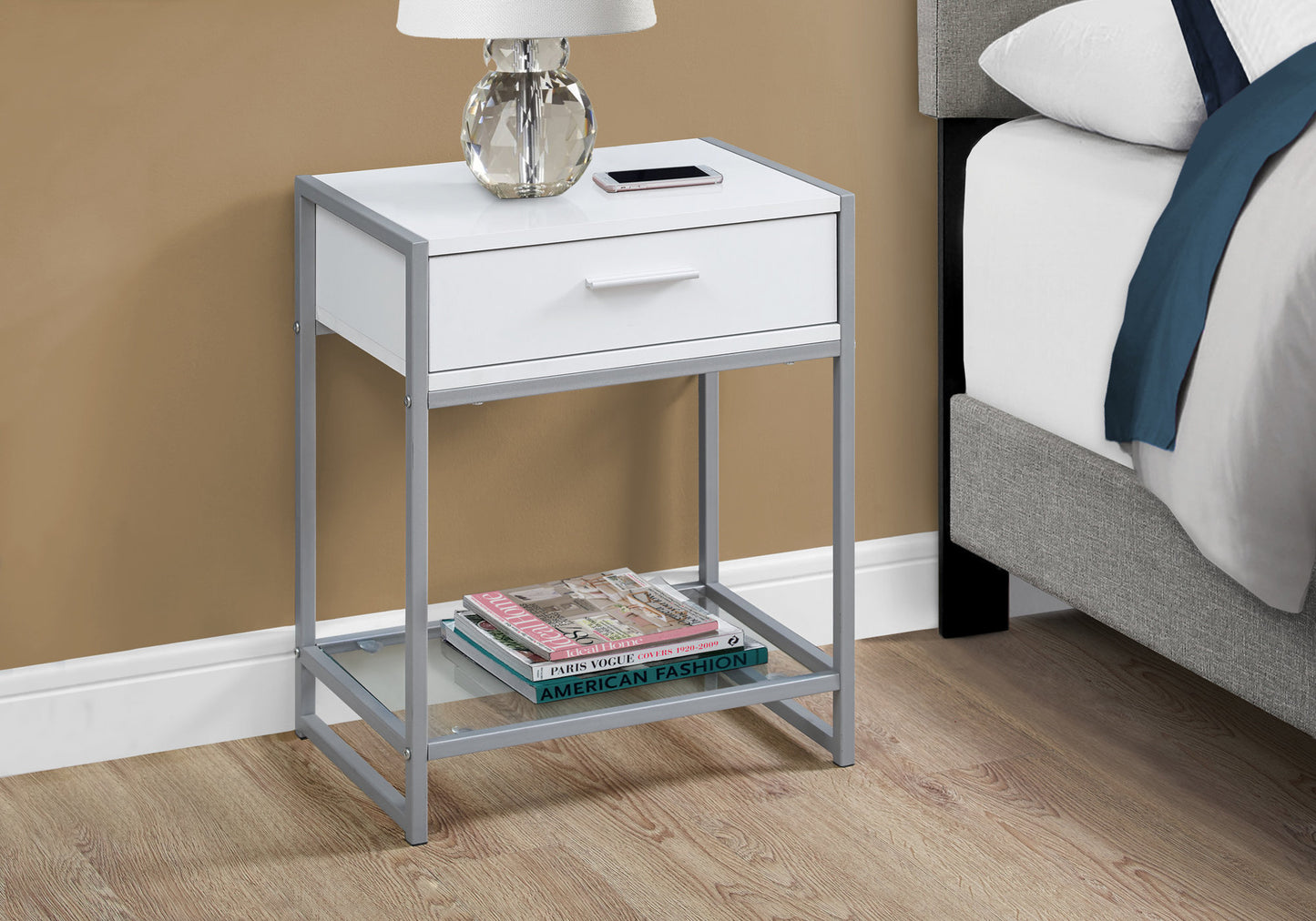 22" Black And Gray Glass End Table With Drawer And Shelf