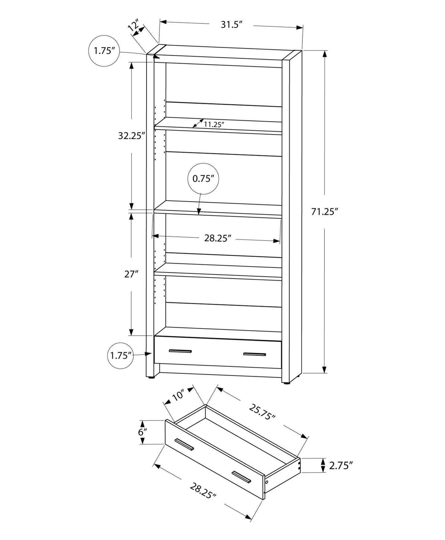 71" Taupe Wood Barrister Bookcase With a drawer