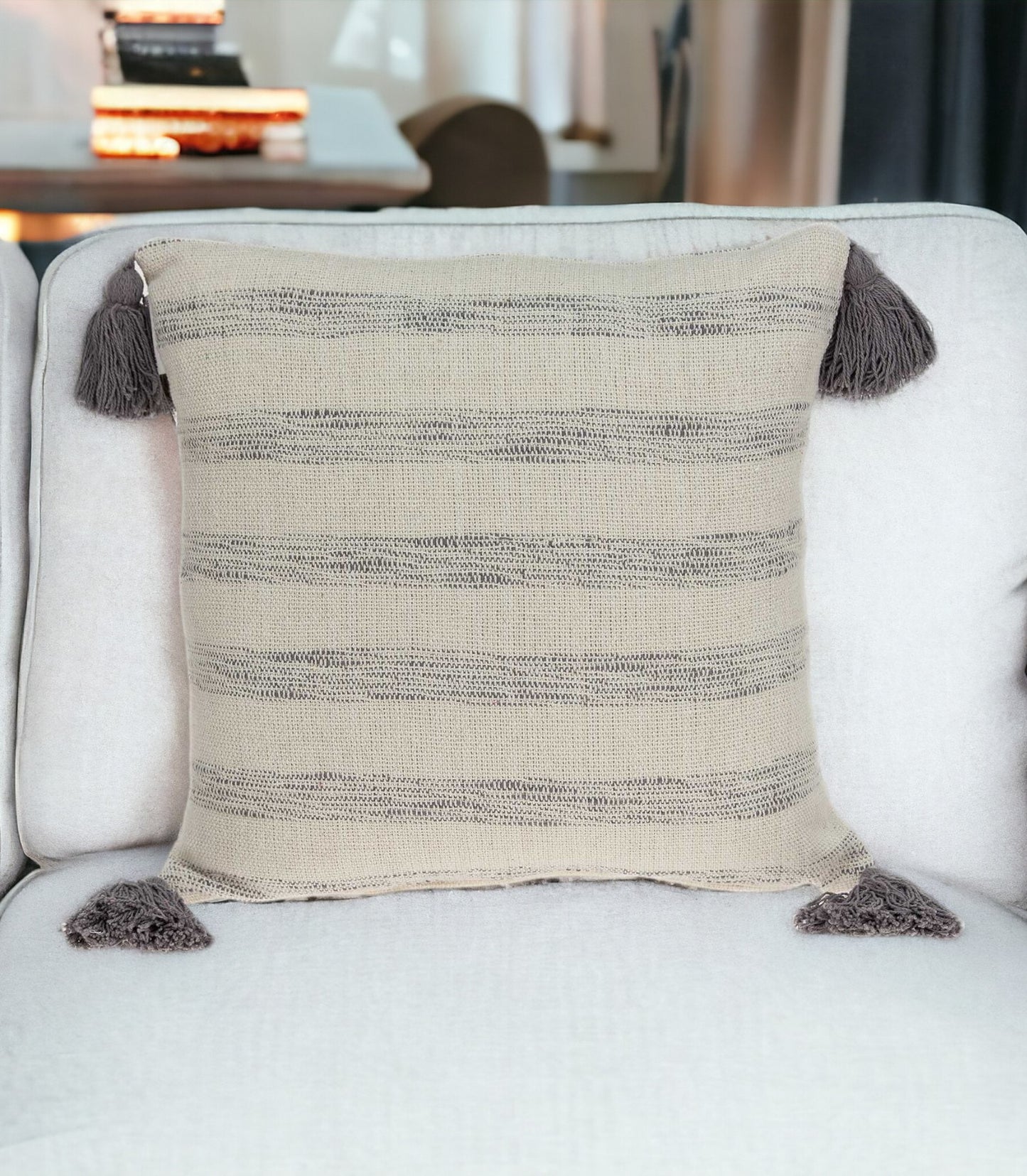 18" Beige and Gray Striped Cotton Throw Pillow With Tassels