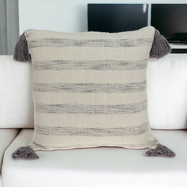 18 Beige and Gray Striped Cotton Throw Pillow With Tassels