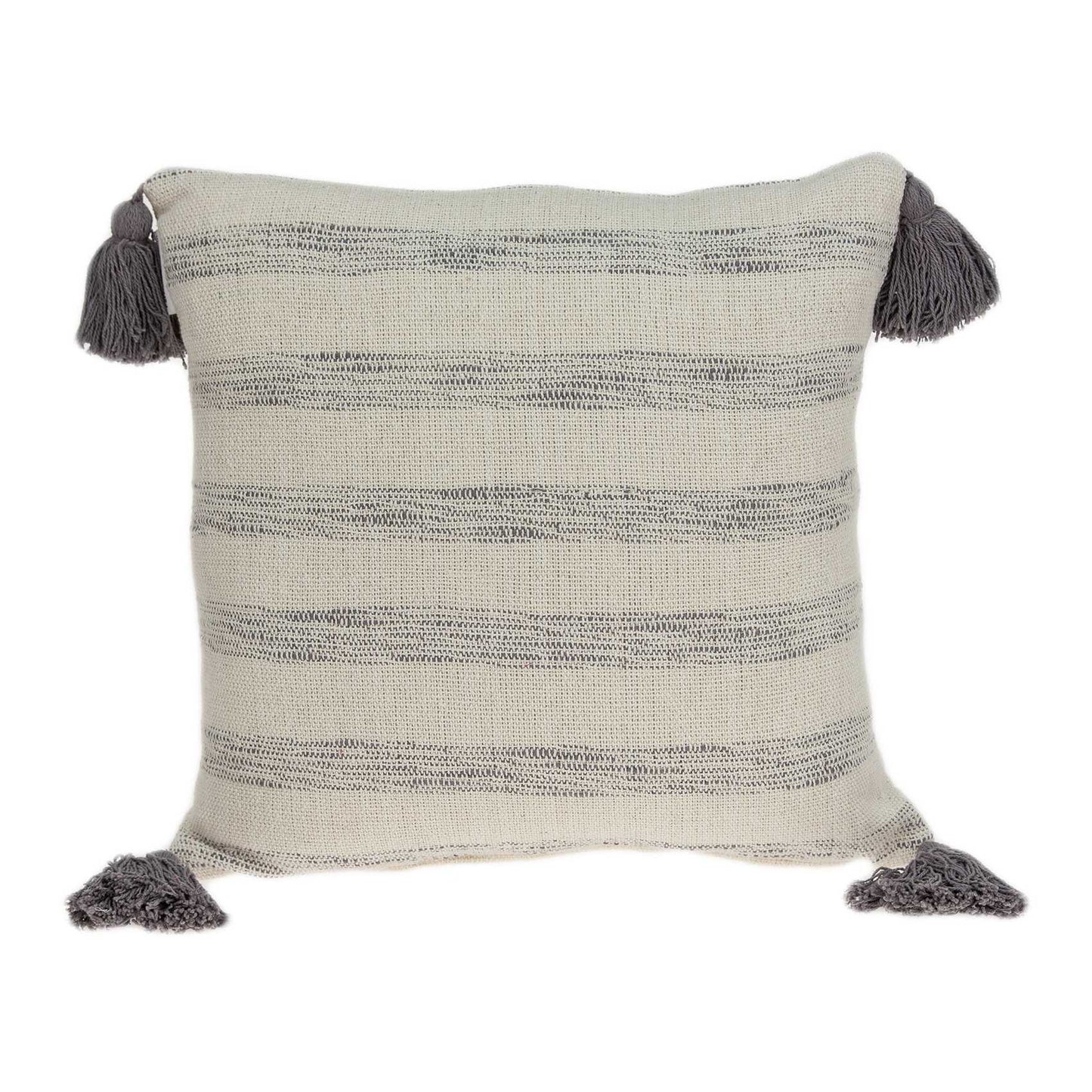 18" Beige and Gray Striped Cotton Throw Pillow With Tassels