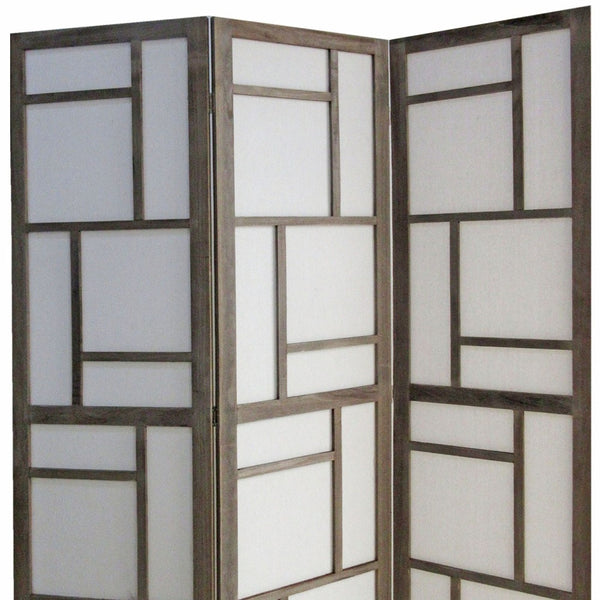 50 Gray and White Wood and Fabric Three Panel Screen Room Divider