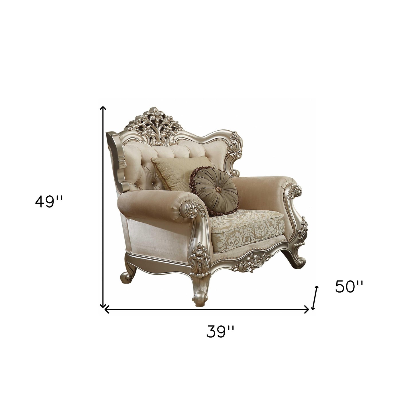 39" Champagne And Silver Fabric Damask Chair and a Half And Toss Pillows