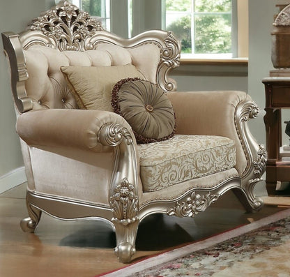 39" Champagne And Silver Fabric Damask Chair and a Half And Toss Pillows