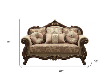 69" Beige and Gold And Brown Velvet Paisley Loveseat and Toss Pillows