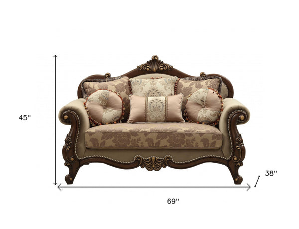 69 Beige and Gold And Brown Velvet Paisley Loveseat and Toss Pillows