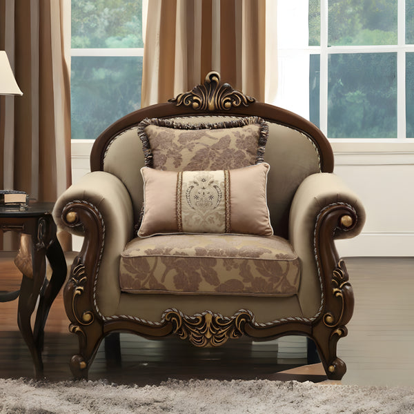 38 Beige And Brown Velvet Floral Club Chair