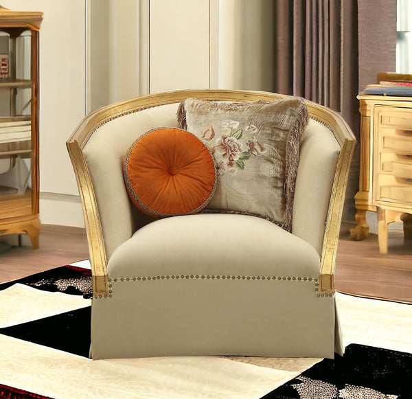 41 Tan and Gold Distressed Arm Chair and Toss Pillows