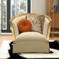 41" Tan and Gold Distressed Arm Chair and Toss Pillows