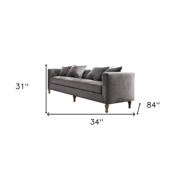 34 Gray Velvet Sofa And Toss Pillows With Brown Legs