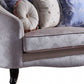 38" Cream Velvet Curved Damask Sofa And Toss Pillows With Black Legs