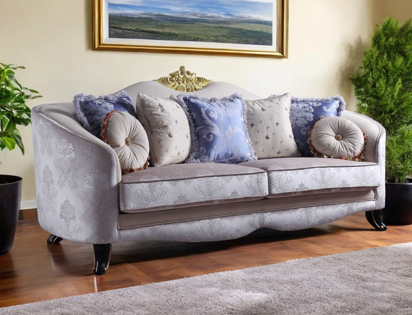 38" Cream Velvet Curved Damask Sofa And Toss Pillows With Black Legs