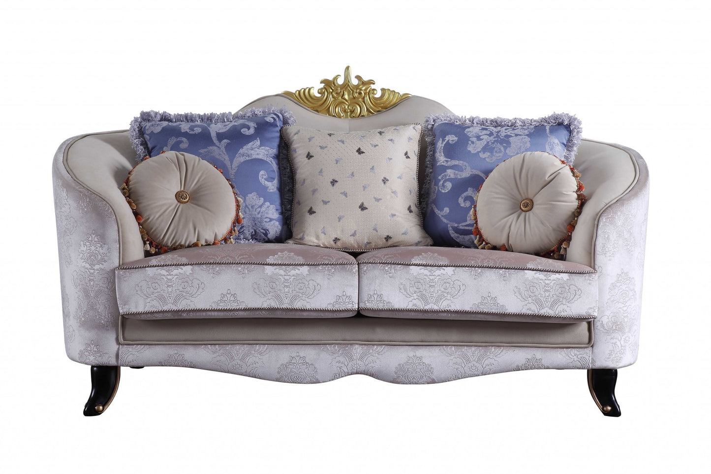 76" Cream And Black Velvet Damask Chesterfield Loveseat