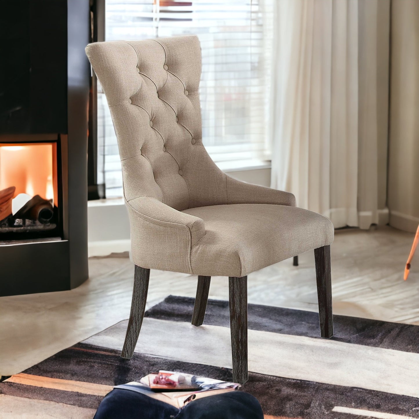 Set Of Two 28" Beige And Brown Linen Tufted Parsons Chair