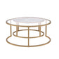 Set of Two 36" Clear White And Gold Glass Faux Marble And Iron Round Nested Coffee Tables