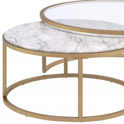 Set of Two 36" Clear White And Gold Glass Faux Marble And Iron Round Nested Coffee Tables