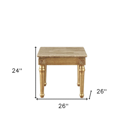 24" Antique Gold And White Faux Marble Square End Table