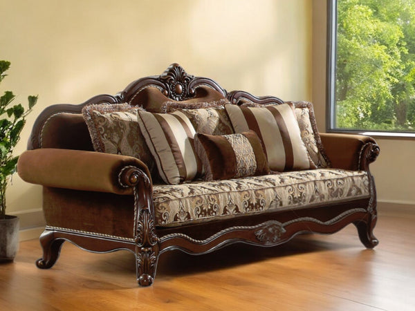 37 Oak Velvet Floral Sofa And Toss Pillows With Espresso Legs