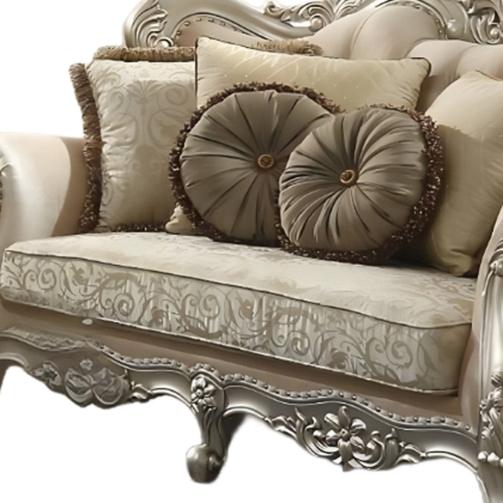 41" Champagne Velvet Curved Floral Sofa And Toss Pillows