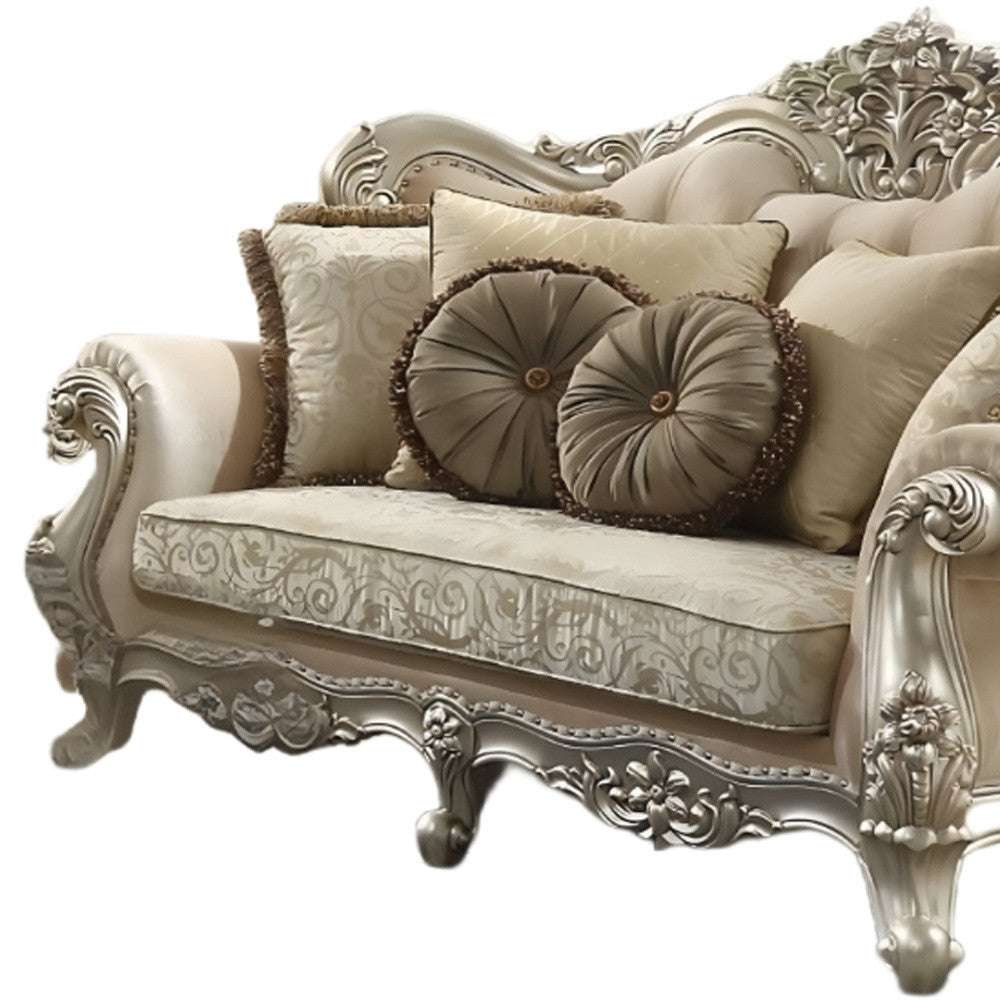 41" Champagne Velvet Curved Floral Sofa And Toss Pillows