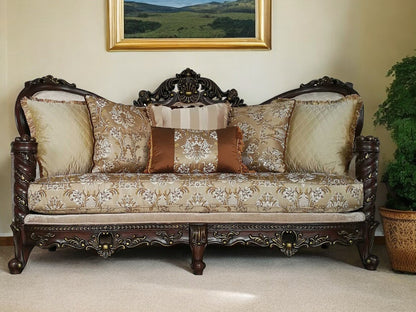 39" Beige Floral Sofa And Toss Pillows With Dark Brown Legs