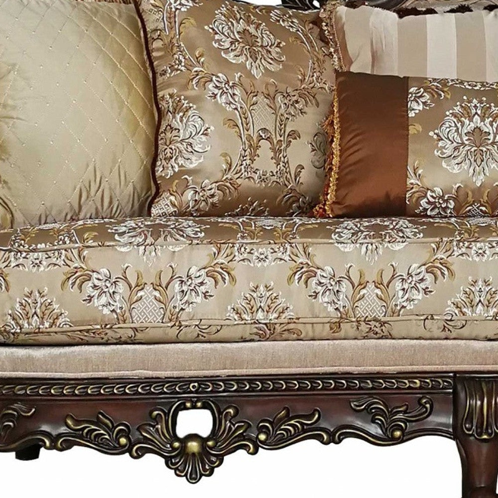 39" Beige Floral Sofa And Toss Pillows With Dark Brown Legs