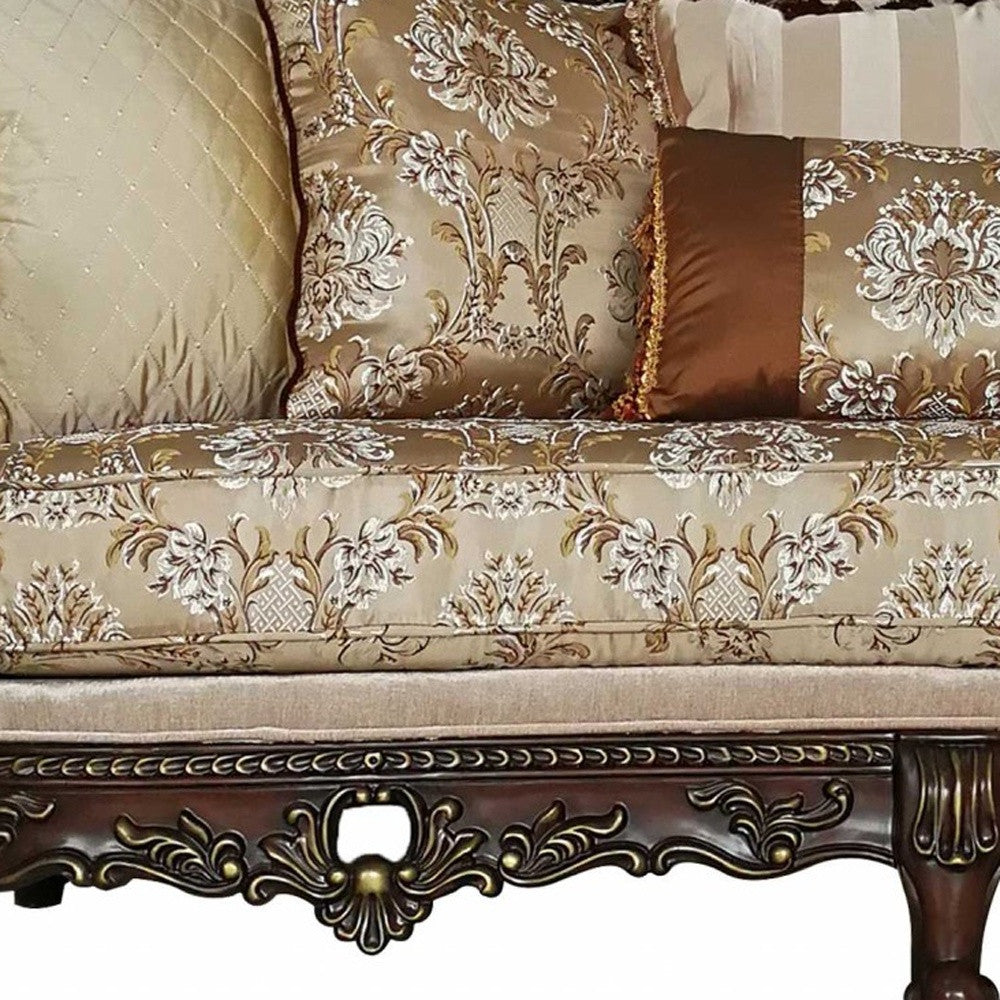 39" Beige Floral Sofa And Toss Pillows With Dark Brown Legs