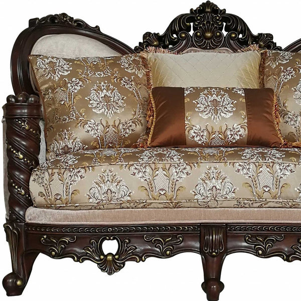 68 Cream And Brown Damask Chesterfield Loveseat and Toss Pillows