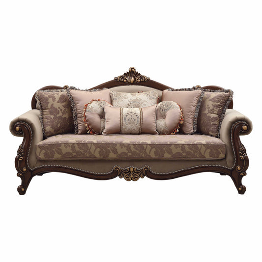 38" Beige Velvet Floral Sofa And Toss Pillows With Brown Legs