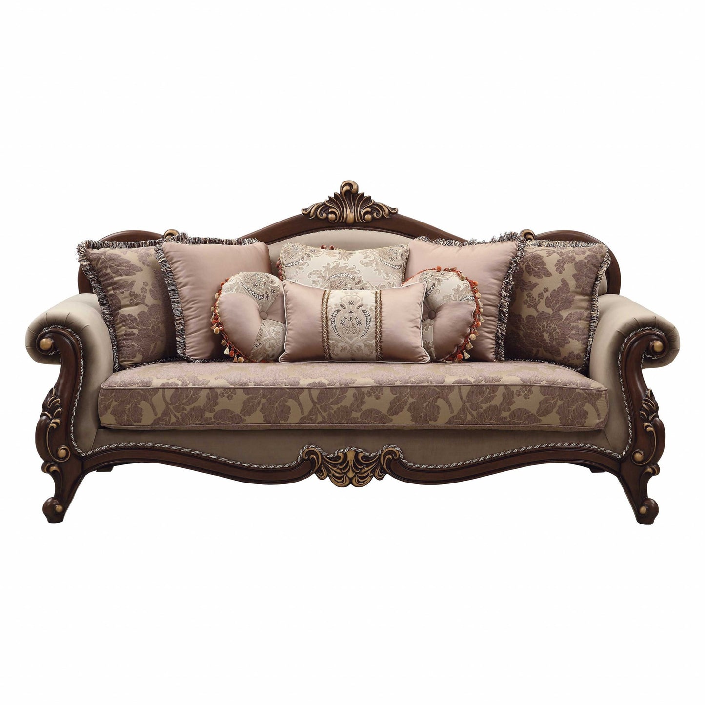 38" Beige Velvet Floral Sofa And Toss Pillows With Brown Legs